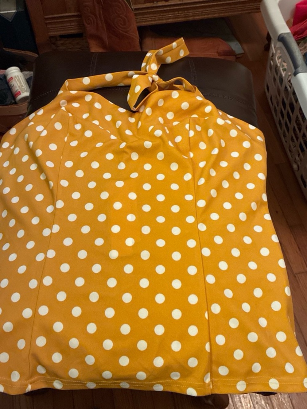 Yellow Polka Dot Halter Crop Top with Tie Neck